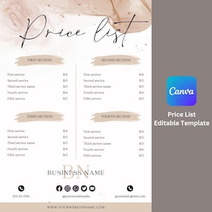 May include: A beige and brown watercolour background with a price list template. The template is divided into four sections: First Section, Second Section, Third Section, and Fourth Section. Each section lists five services with their corresponding prices. The template also includes a business name, contact information, and social media handles.