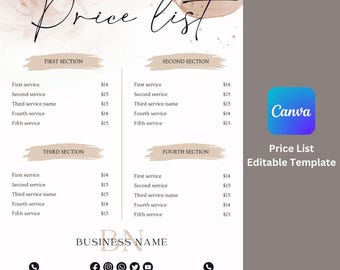 Price List, Price List Template, Salon, Editable Template, Editable Price Template, Price Sheet, Spa, Instant Download, Prices