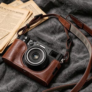 May include: A black digital camera encased in a textured brown leather half-case with a matching brown leather and nylon adjustable neck strap. The camera features a prominent circular lens, a shutter button, and a viewfinder on the top panel.