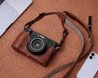 Retro Fuji X100 VI Half Leather Case, Fujifilm X100 V Camera Base Protective, Camera Sleeve, Adjustable Shoulder Strap, Vintage Gift for Men
