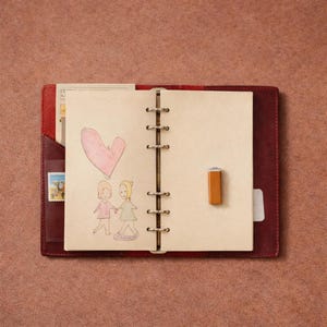 May include: Open red leather journal with a drawing of two figures holding hands and a pink heart. The journal is open to a blank page with a small, rectangular, orange-brown magnet. A small stamp is visible in the journal's pocket.