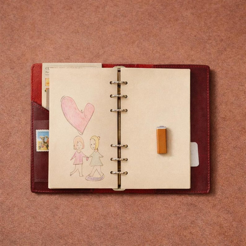 May include: Open red leather journal with a drawing of two figures holding hands and a pink heart. The journal is open to a blank page with a small, rectangular, orange-brown magnet. A small stamp is visible in the journal's pocket.