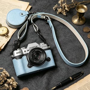 Może przedstawiać: Aparat cyfrowy Fujifilm X-T50 w jasnoniebieskim, teksturowanym etui ochronnym, z czarnym obiektywem i dopasowanym jasnoniebieskim paskiem z małą, okrągłą saszetką na akcesoria, prezentowany jako kompletny zestaw.