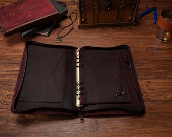 Real Leather Portfolio Custom A5, Personalized Padfolio Binder, 6-Ring Notepad Case, Zipper Office Storage Folder, Graduation Gift for Women