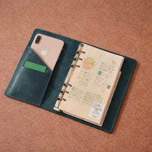 May include: Open teal leather planner with a smartphone and a green card in a pocket. The planner is open to a page with handwritten notes, charts, and stickers. The planner is on a brown surface.