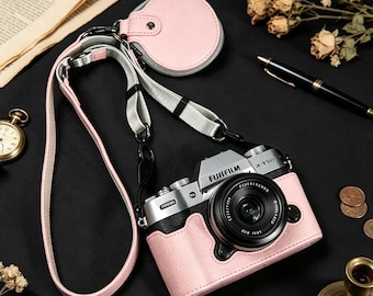 Fujifilm XT50 Vintage PU Leather Camera Case / Adjustable Shoulder Strap + Lens Cap – Half Base Cover