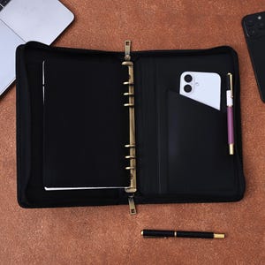 6Ring Vintage Prawdziwe skórzane portfolio, spersonalizowany segregator Padfolio, niestandardowa okładka notatnika A5 z zamkiem błyskawicznym, grawerowane przechowywanie w biurze, prezent na ukończenie szkoły