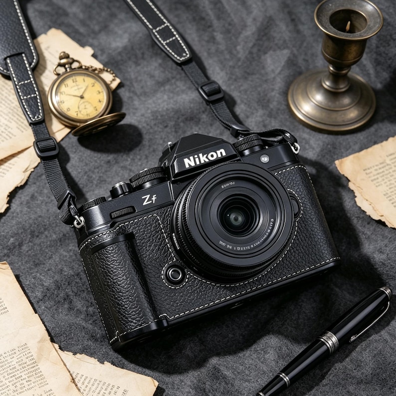 May include: A black Nikon Zf mirrorless camera with a textured grip and white stitching, featuring a lens, a black camera strap, a gold pocket watch, a brass candlestick, and a black fountain pen arranged on a dark gray fabric surface.
