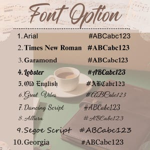 May include: A font options guide with the title "Font Option" in a decorative script. The guide lists ten font styles, including Arial, Times New Roman, and Georgia, each paired with a sample text and a color code.