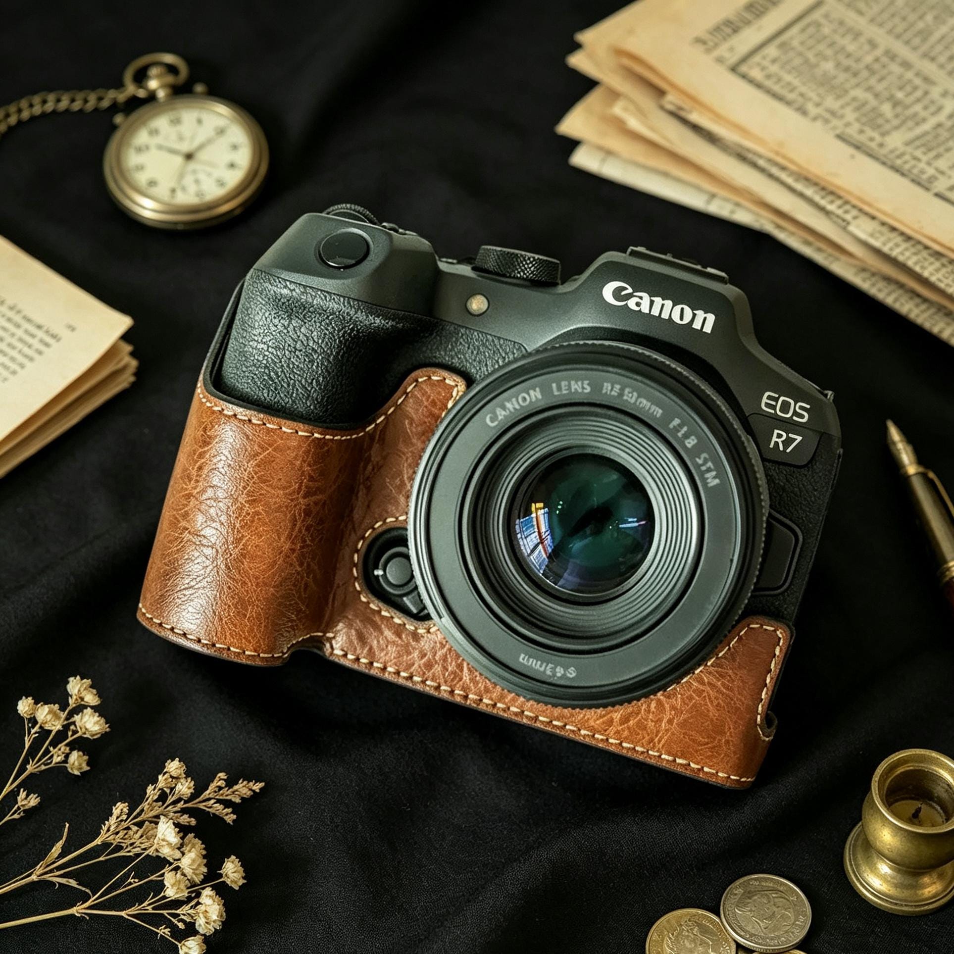 Canon EOS R7 / R8 PU Leather Camera Half Case, Handmade Vintage
