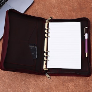 Pasta de couro personalizada, pasta A5 feminina, pasta personalizada com 6 argolas, capa de couro para bloco de notas, organizador de escritório, pasta de gerente, presente para mãe