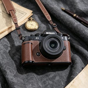 May include: A black and brown Nikon Zf mirrorless camera with a textured leather-like grip, a black lens, and a matching brown leather camera strap. The camera body features the Nikon logo and Zf model name clearly printed on the front panel.