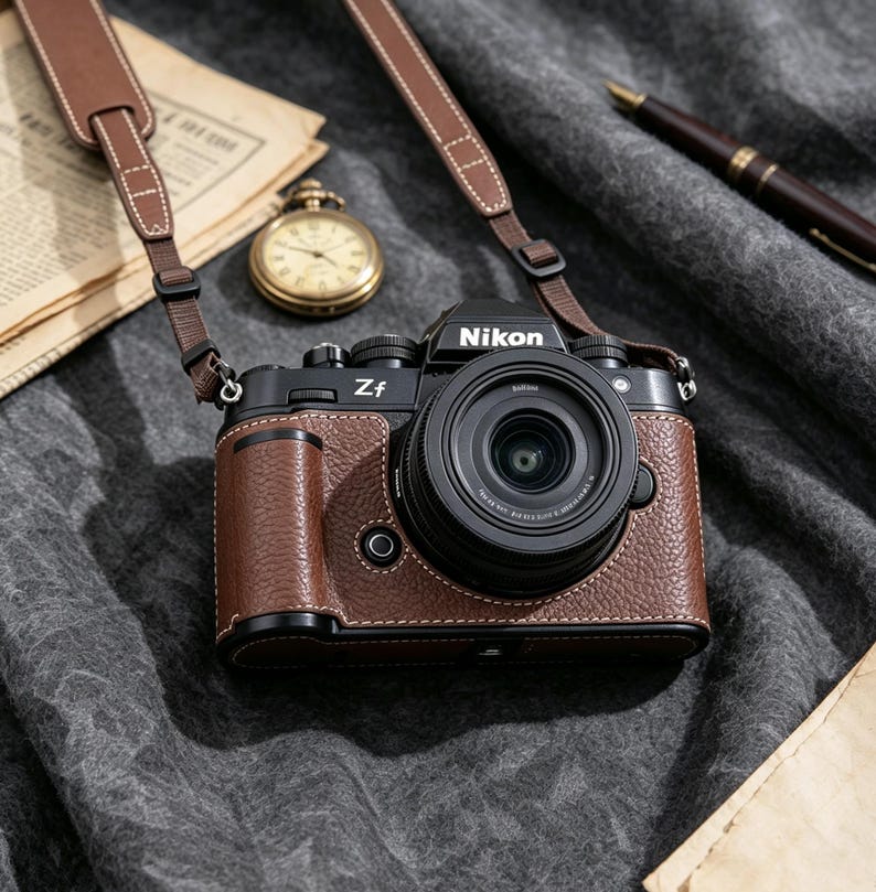 May include: A black and brown Nikon Zf mirrorless camera with a textured leather-like grip, a black lens, and a matching brown leather camera strap. The camera body features the Nikon logo and Zf model name clearly printed on the front panel.