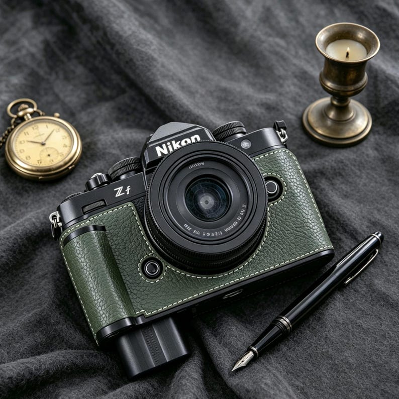 May include: A black and olive green Nikon Zf mirrorless camera with a textured leather-like grip, a central lens, and silver dial accents. The camera body features the Nikon logo on the prism and Zf branding on the front panel near the lens mount.