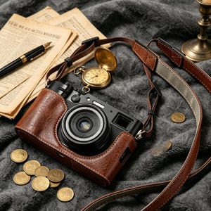 May include: A black digital camera encased in a brown leather protective half-case with an attached brown leather shoulder strap. The camera is surrounded by several gold-colored coins, a vintage-style pocket watch, and a black fountain pen.