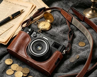 Retro Fuji X100 VI Half Leather Case, Fujifilm X100 V Camera Base Protective, Camera Sleeve, Adjustable Shoulder Strap, Vintage Gift for Men