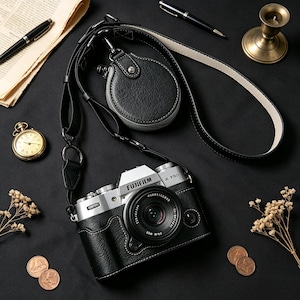 May include: A silver and black Fujifilm X-T50 mirrorless camera encased in a black leather half-case with a matching black leather camera strap and a small circular black leather accessory pouch attached to the strap, featuring white stitching.