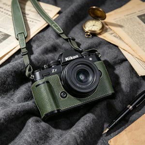 May include: A black Nikon Zf camera featuring a textured olive green leather-like wrap, a matching olive green camera strap with white stitching, and a black lens. The camera body displays the Nikon logo and Zf model name on the front panel.