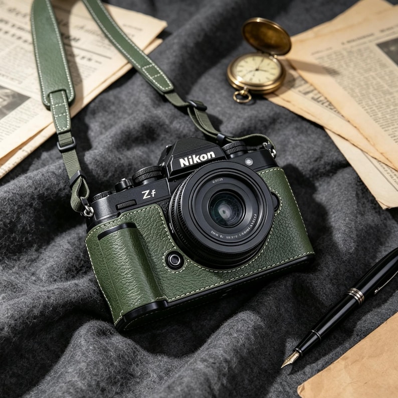 May include: A black Nikon Zf camera featuring a textured olive green leather-like wrap, a matching olive green camera strap with white stitching, and a black lens. The camera body displays the Nikon logo and Zf model name on the front panel.