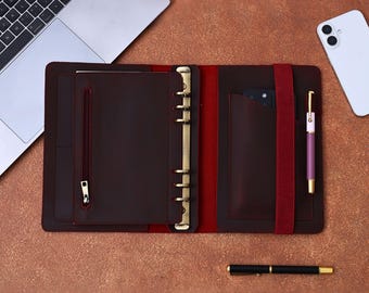 6-Ring Personalized Padfolio, A5 Custom Notepad Case, Genuine Leather Binder, Name&Logo Embossed Journal Cover, Corporate Gift for Him/Her