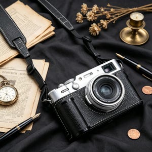May include: A silver and black digital camera with a textured leather-like grip and a matching black camera strap. The camera features a circular lens, a silver top plate with dials, and a black body. It is positioned alongside vintage paper.