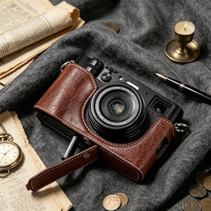 May include: A black digital camera encased in a textured brown leather half-case with a front flap. The camera features a circular lens, a top-mounted shutter button, and a viewfinder. The leather case has visible stitching and metal hardware.
