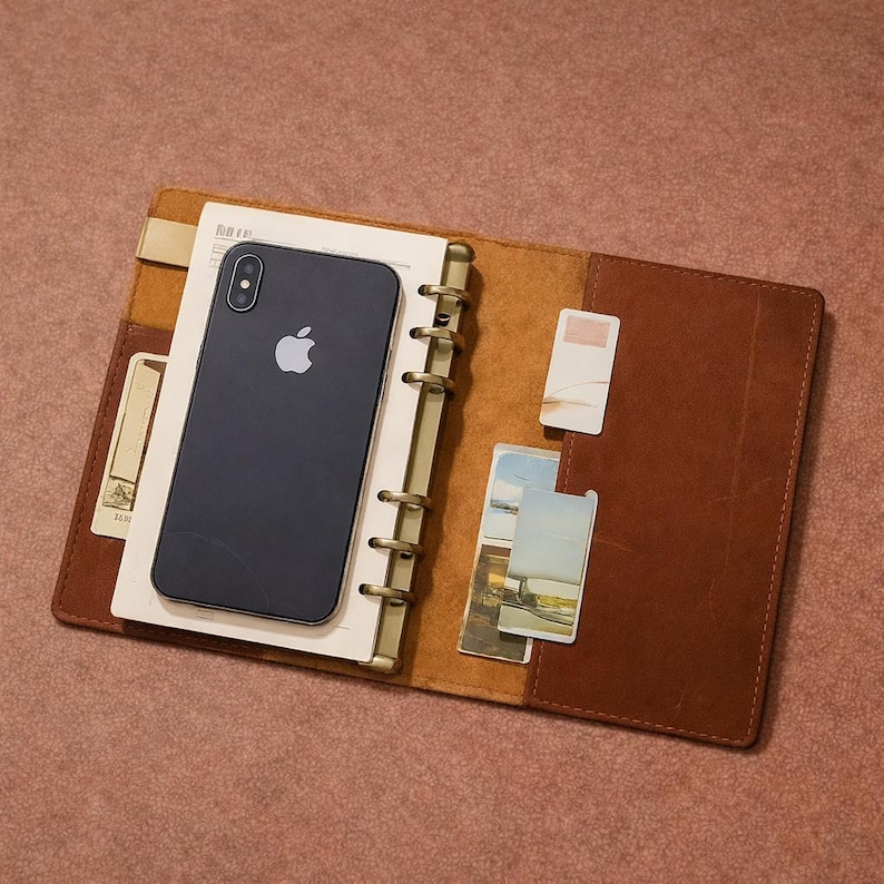 May include: Open brown leather binder with a black smartphone and several cards inside. The binder has a gold-colored ring mechanism and a cream-colored paper insert. The background is a solid, muted pink.