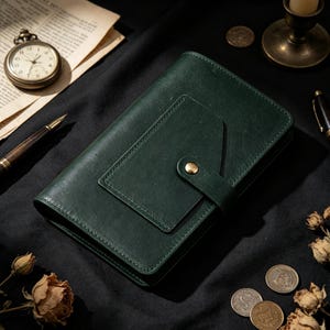 Könnte beinhalten: Ein dunkelgrüner Notizbuchumschlag aus Leder mit einer rechteckigen Vordertasche und einem einzelnen Riemenverschluss, der mit einem messingfarbenen Metalldruckknopf gesichert ist. Der Umschlag hat sichtbare Nähte und eine matte Oberfläche.