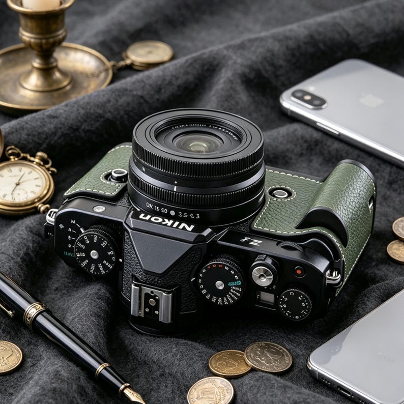 May include: A black Nikon Z fc mirrorless camera with olive green textured leather accents, featuring a prominent lens, multiple manual control dials on the top plate, a hot shoe mount, and the Nikon logo printed in white on the front prism housing.