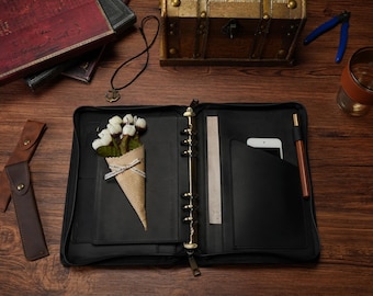 Personalized Leather Zipper Padfolio: A5 6-Ring Binder Journal
