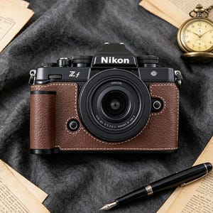 May include: A black Nikon Zf mirrorless camera featuring a textured brown leather-like grip, a central lens, and silver dial controls. The camera body displays the Nikon logo and Zf model name in white text on the front panel.