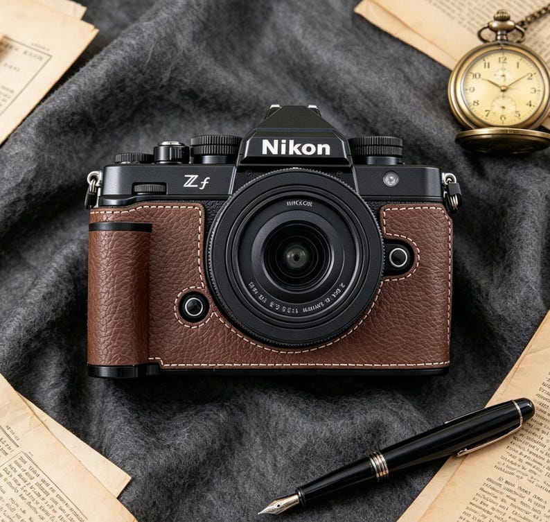 May include: A black Nikon Zf mirrorless camera featuring a textured brown leather-like grip, a central lens, and silver dial controls. The camera body displays the Nikon logo and Zf model name in white text on the front panel.