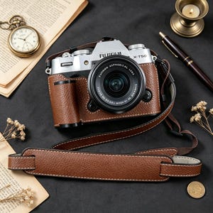 Peut inclure: Un appareil photo numérique Fujifilm X-T50 argenté et noir avec un étui en cuir texturé marron et une sangle assortie avec des coutures blanches. L'objectif porte l'inscription Fujifilm Aspherical Lens Super EBC XF 18-55mm.
