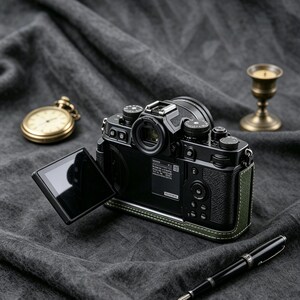 May include: A black digital camera with a flip-out screen and a green leather-textured base cover. The camera features multiple control dials, a viewfinder, and a rear display panel. A gold pocket watch, a brass candle holder, and a black pen.