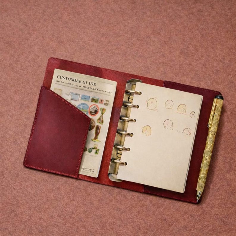 May include: Open burgundy leather journal with a gold pen. The journal has a pocket with a "CUSTOMIZE GUIDE" insert and a notepad with sketches. The journal is open, revealing the interior pages and pen.