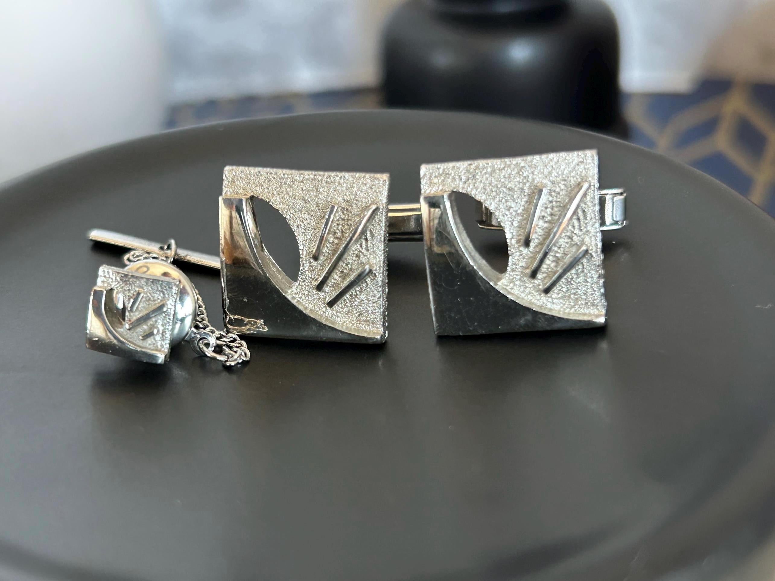 Vintage Schiaparelli Style Cufflink Tie Tack Set: Silver Tone