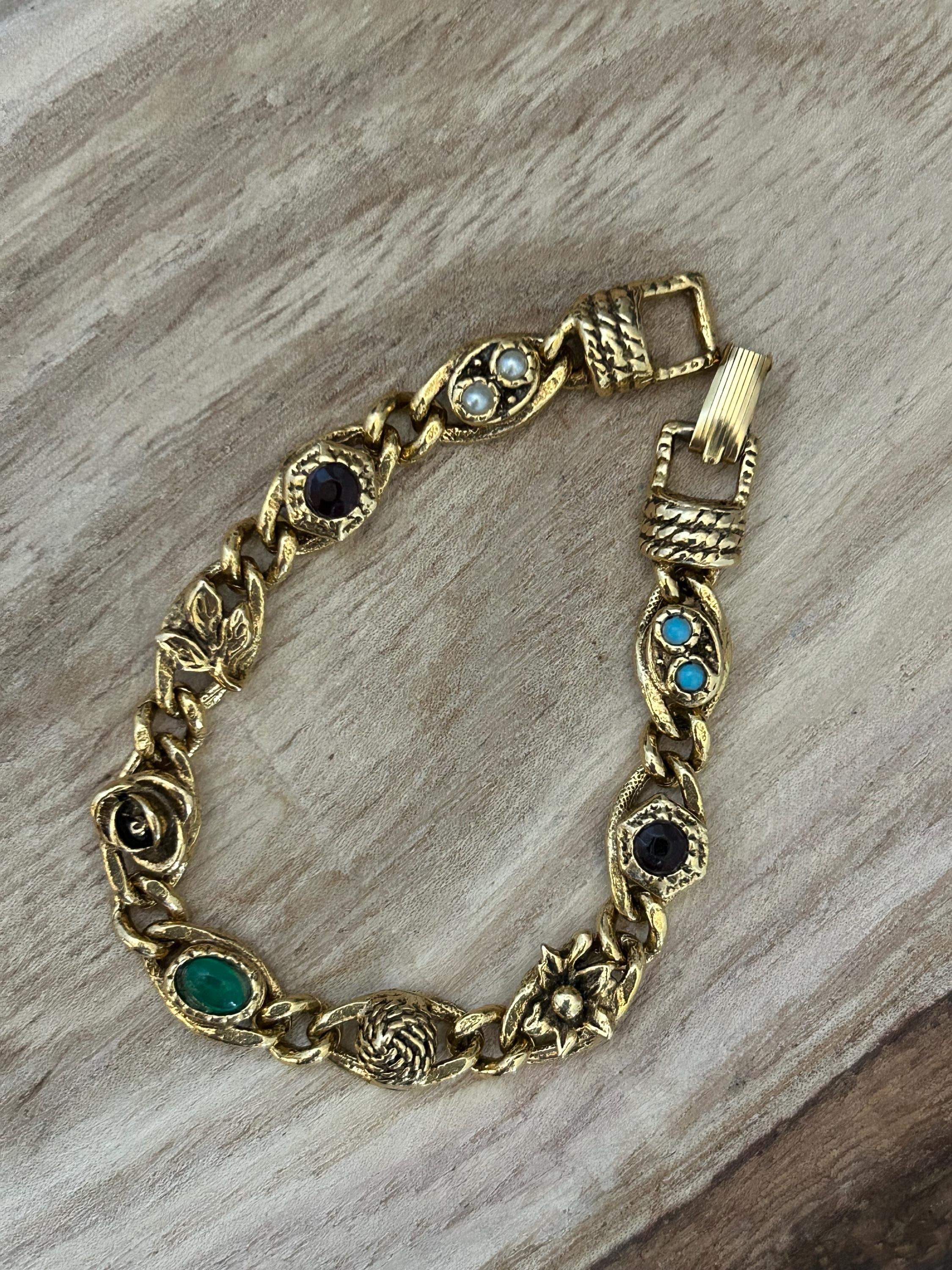 vintageブレスレット Vintage Goldette Garden Bracelet: Faux Pearl, Turquoise & Garnet