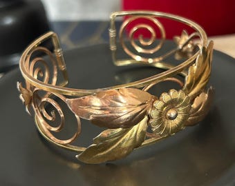 Vintage Krementz Floral Cuff Bracelet: Rose & Yellow Gold Filled