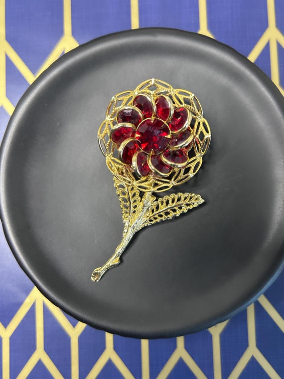 Vintage Bezel Set Ruby Red Rhinestone Flower Broo… - image 16