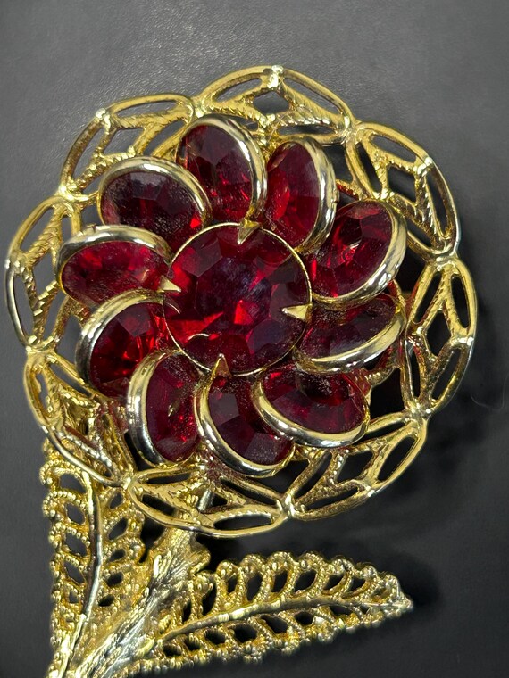 Vintage Bezel Set Ruby Red Rhinestone Flower Broo… - image 17