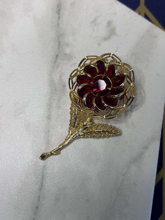 Vintage Bezel Set Ruby Red Rhinestone Flower Broo… - image 19