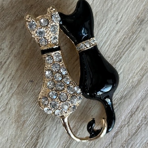 Vintage Black Enamel and Pave Rhinestone Cat Pair Brooch