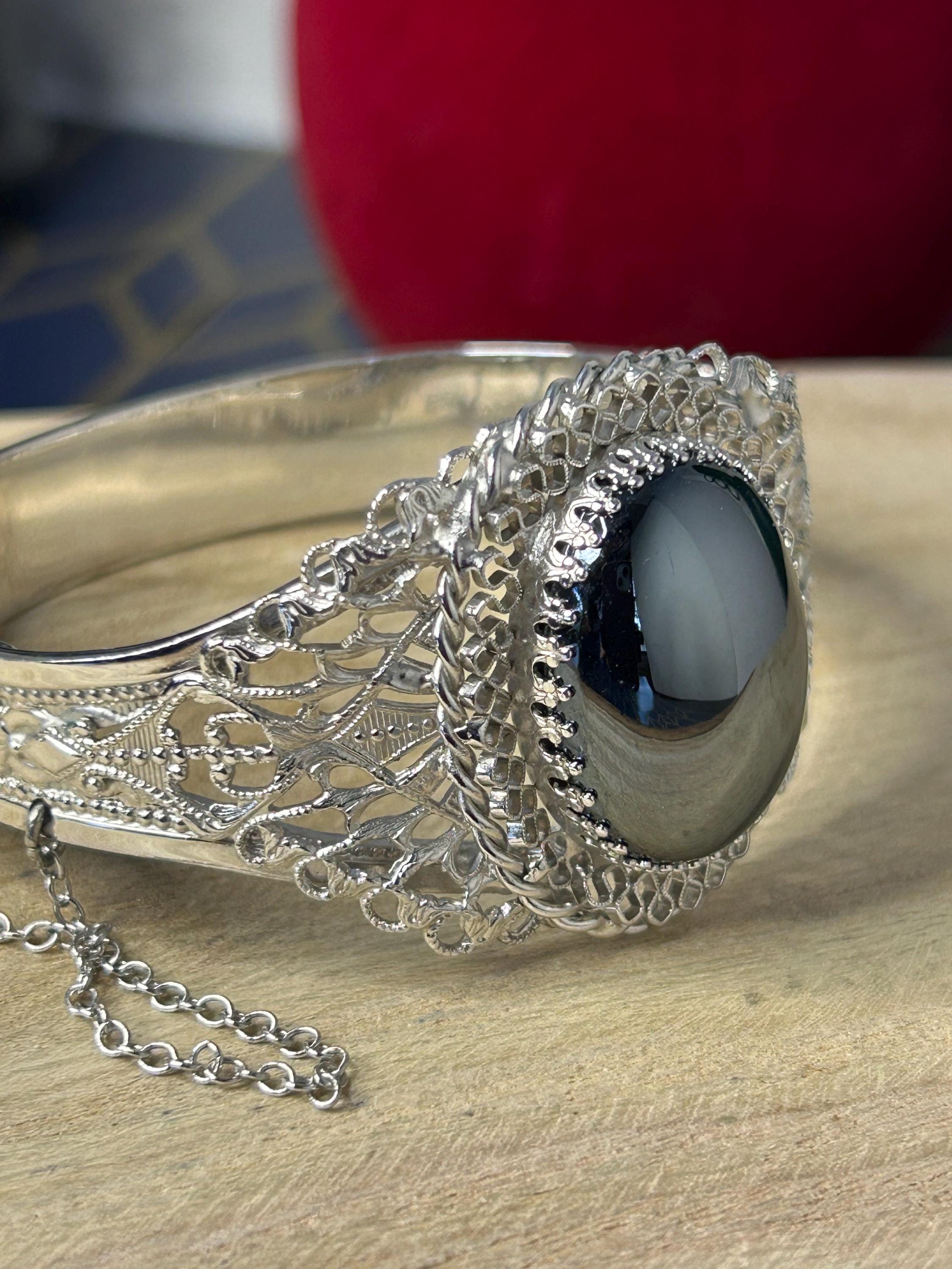 Vintage Whiting and Davis Hematite Cabochon Filigree Cuff Bracelet 