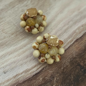 Vintage Hong Kong Ivory and Amber Lucite Bead Clip on Earrings