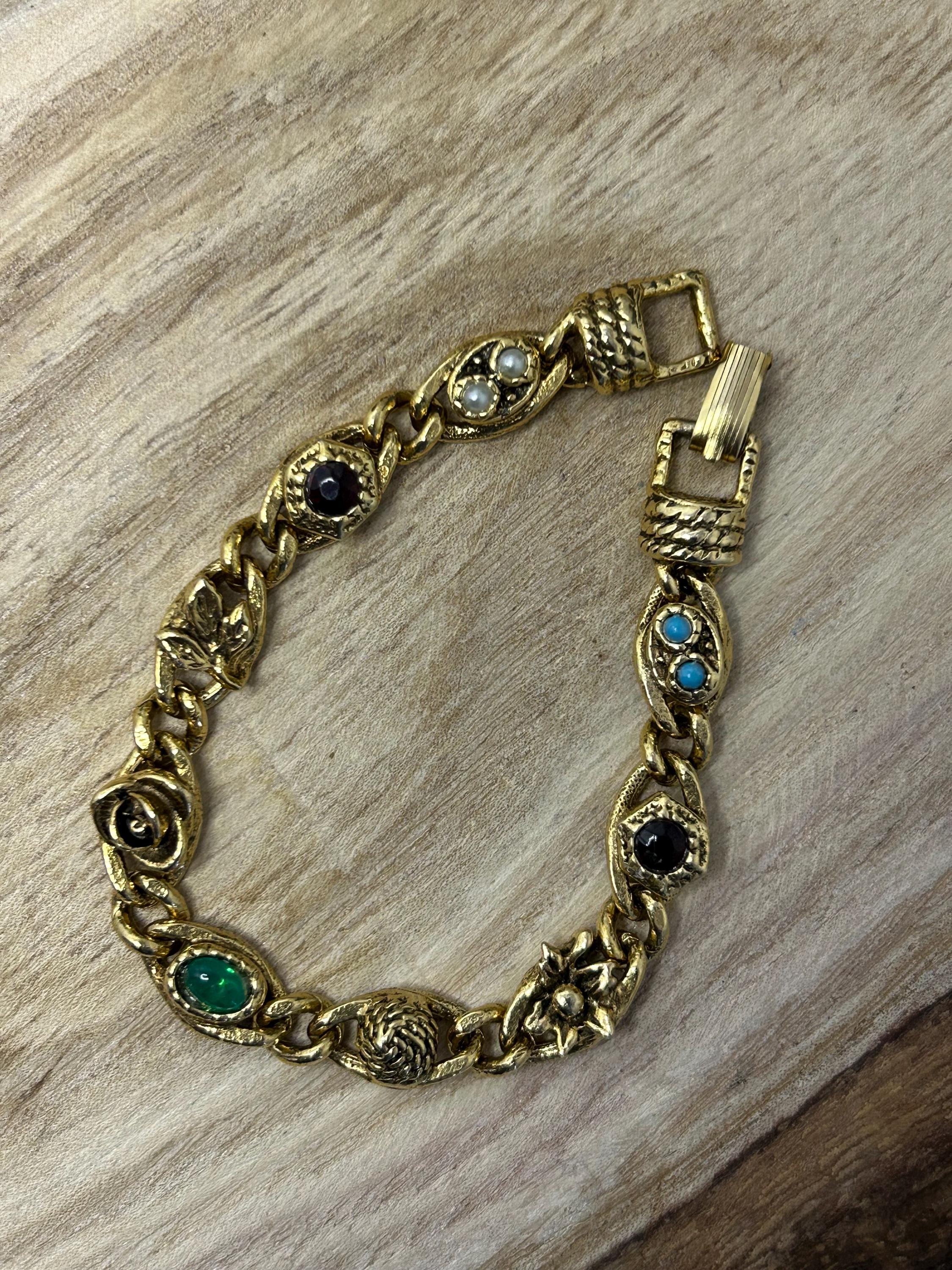 goldette ブレスレット ビンテージ Vintage Goldette Flower Link Bracelet With Faux Seed Pearl