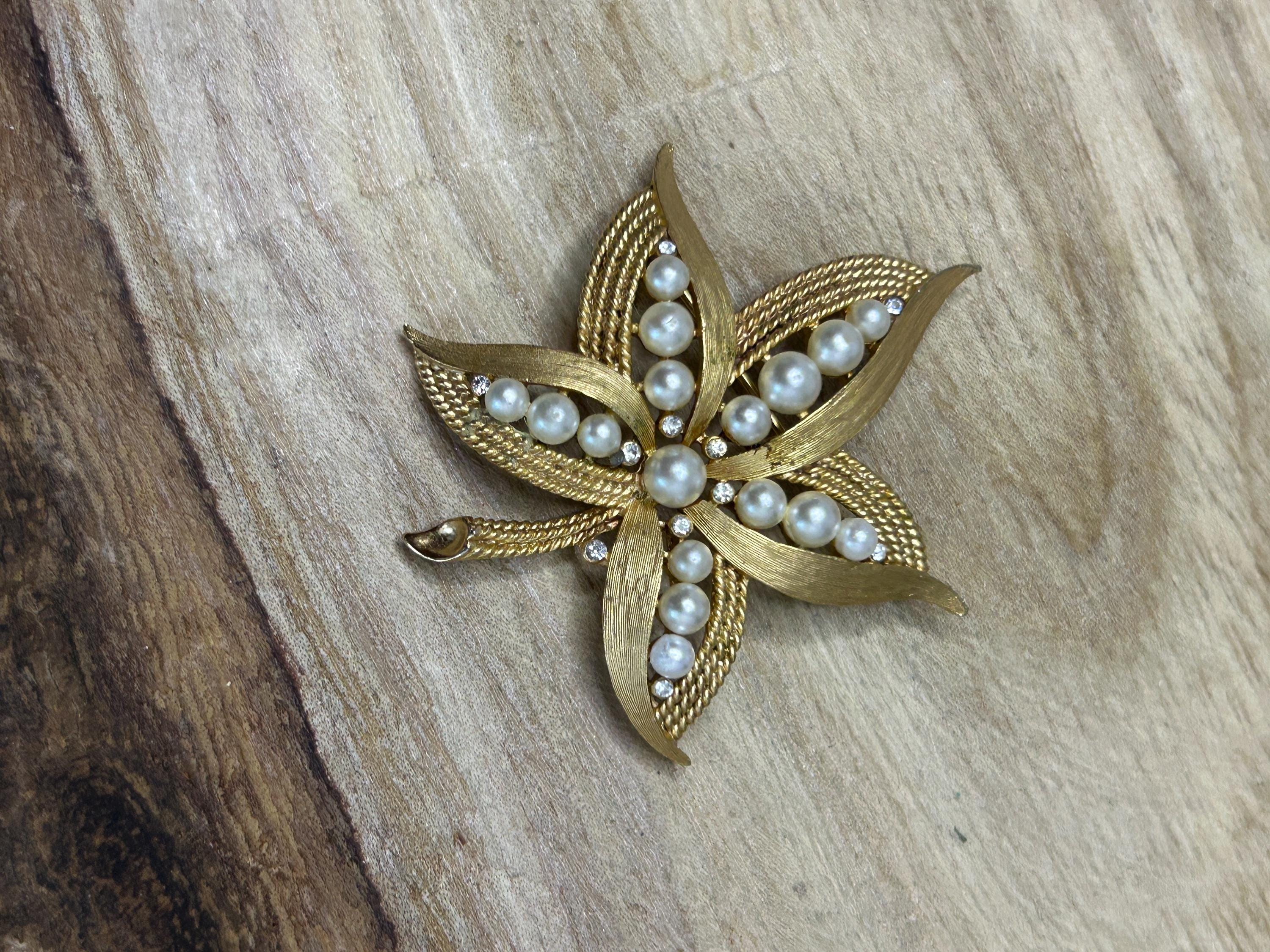 Vintage Crown Trifari Leaf Brooch With Pearls and Crystal