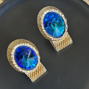Vintage Swank Gold Tone Braided Cuff Links with Peacock Sapphire Rivoli Stone