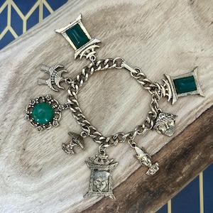 Vintage Silver Tone Asian Inspired Charm Bracelet with Faux Jade Lucite