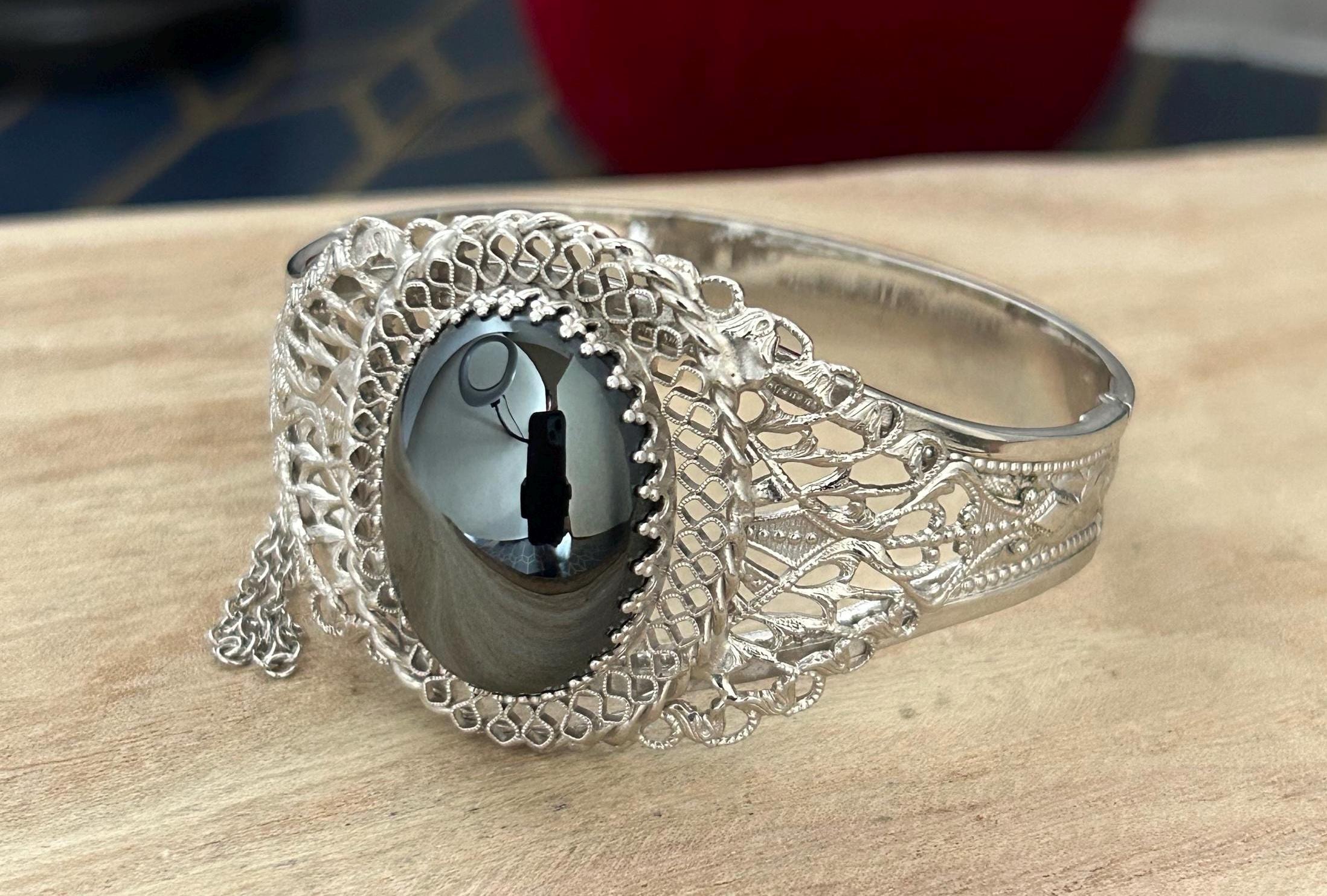 Vintage Whiting and Davis Hematite Cabochon Filigree Cuff Bracelet 