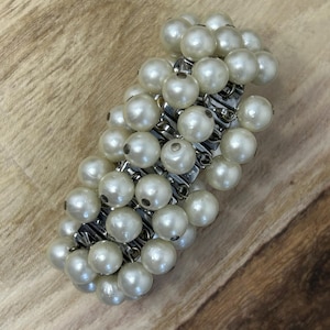 Vintage signed Japan Cha-Cha Bracelet in Silver Tone with Pearl Dangle Beads